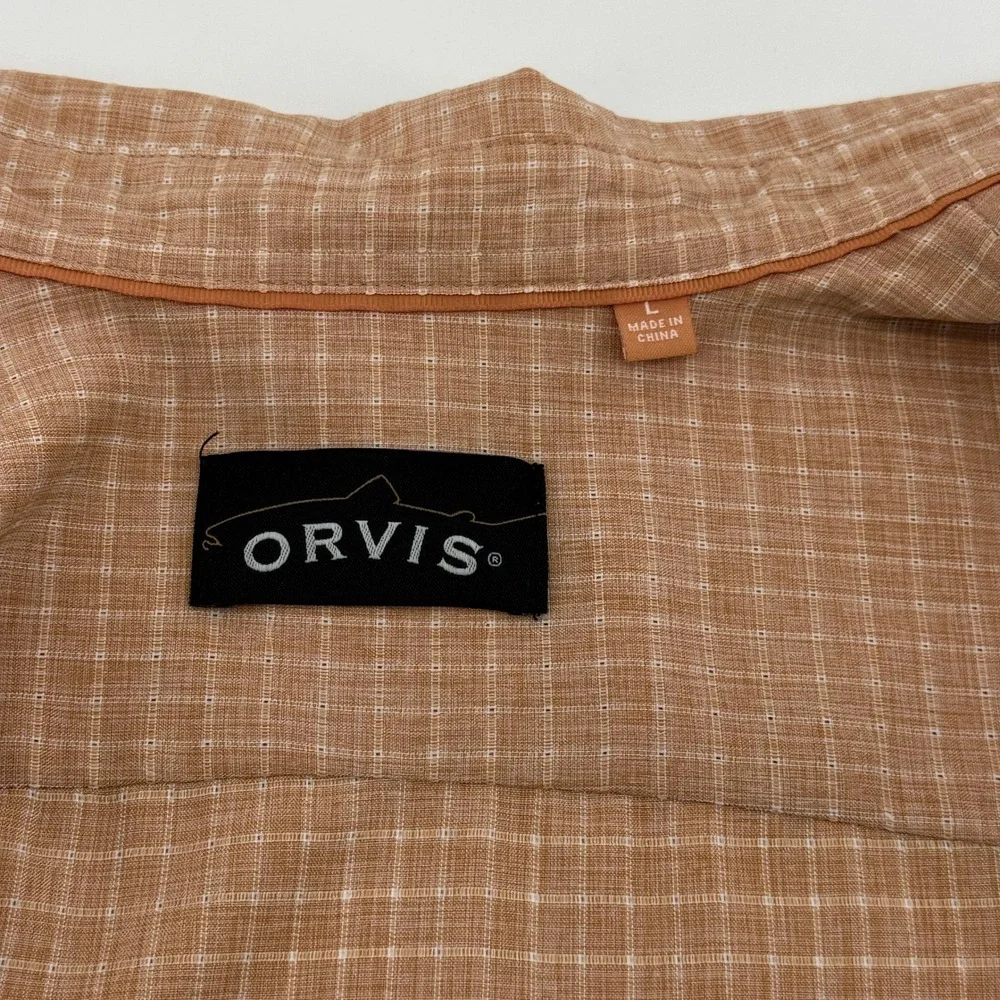 Orvis Western Yoke Fishing Shirt Men Large Orange Plaid Long Sleeve Button Down‎